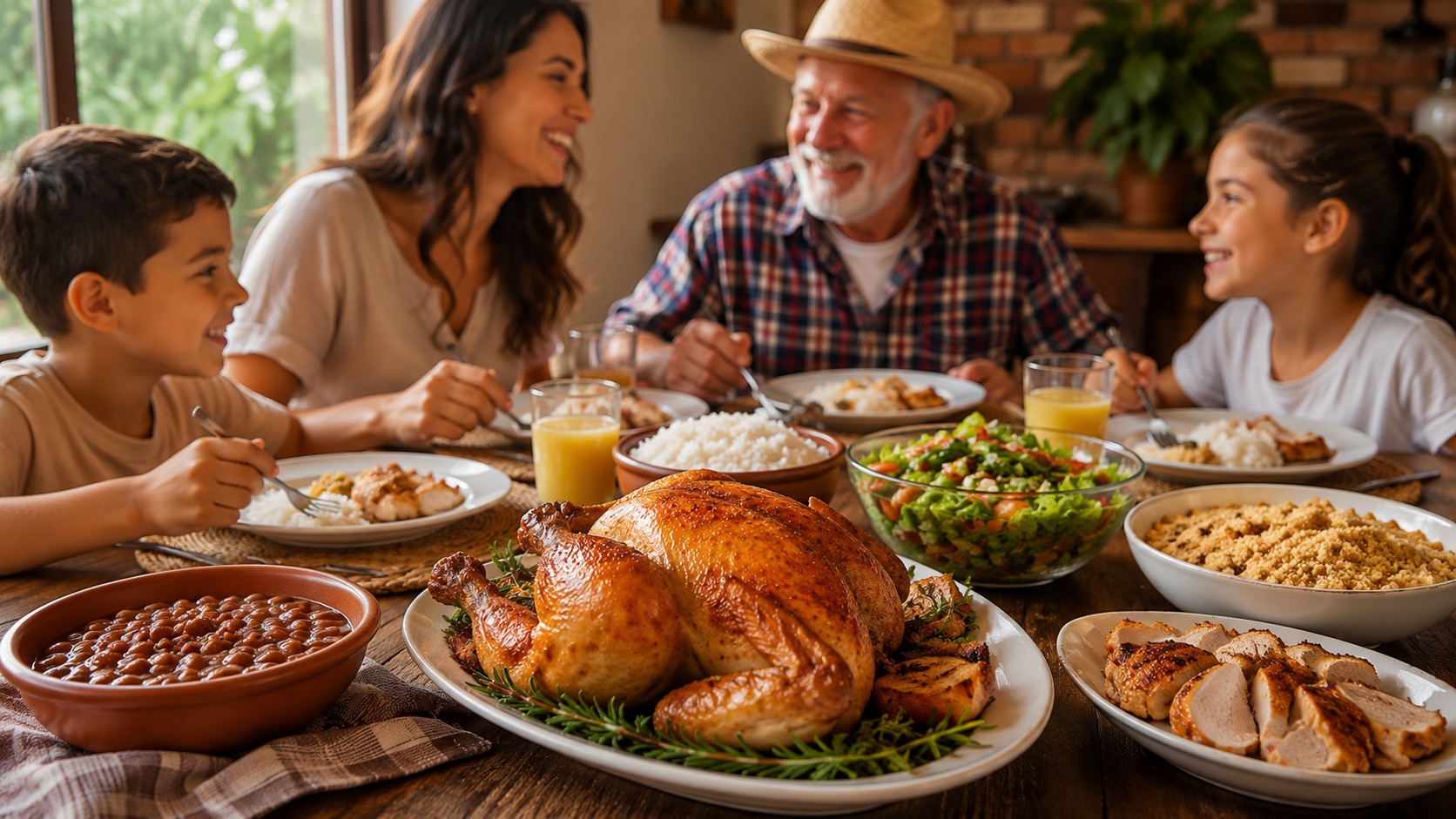 Família à mesa com frango assado